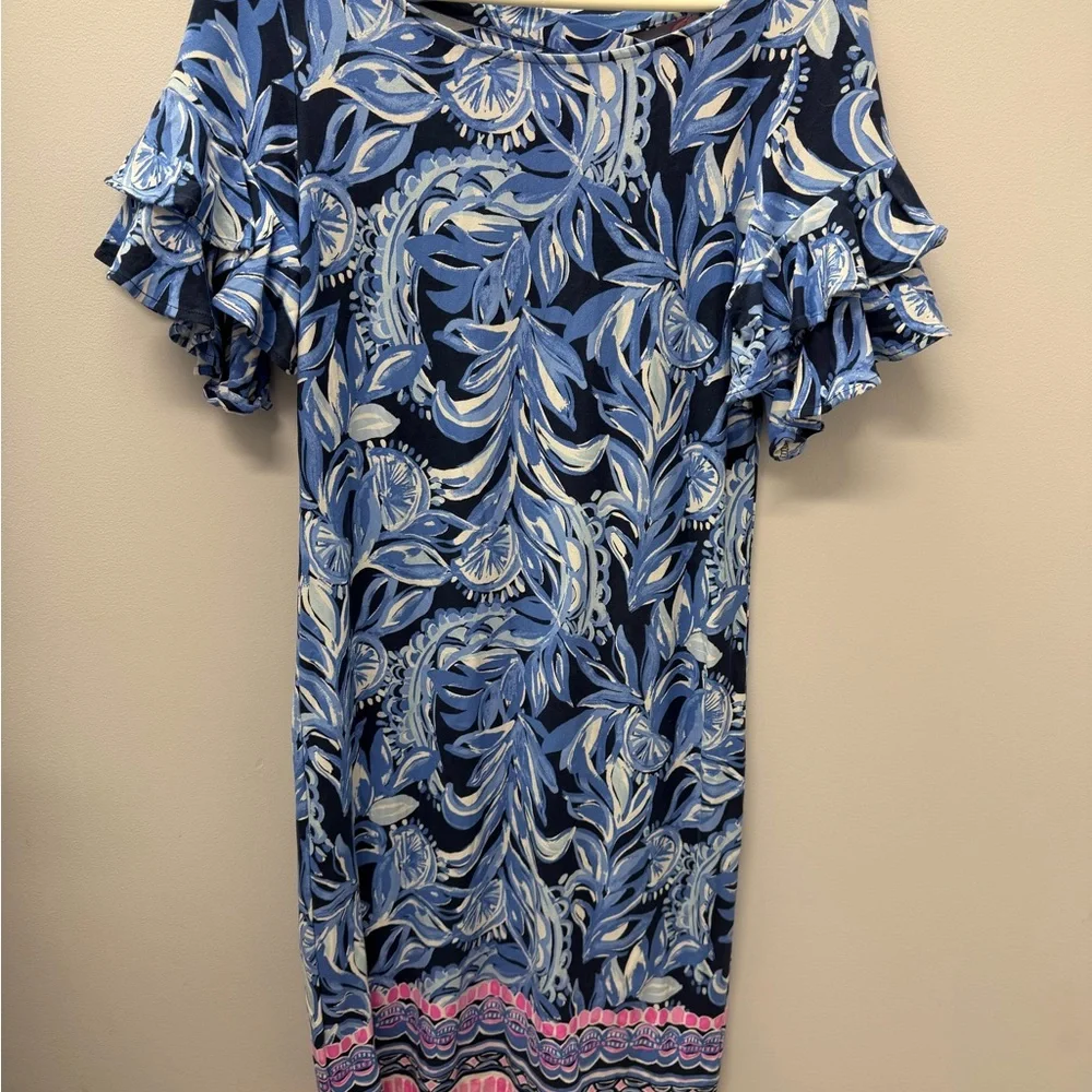 Lilly Pulitzer Navy and Light Blue Floral Midi Dress with Pink Hem Trim - Picture 4 of 4